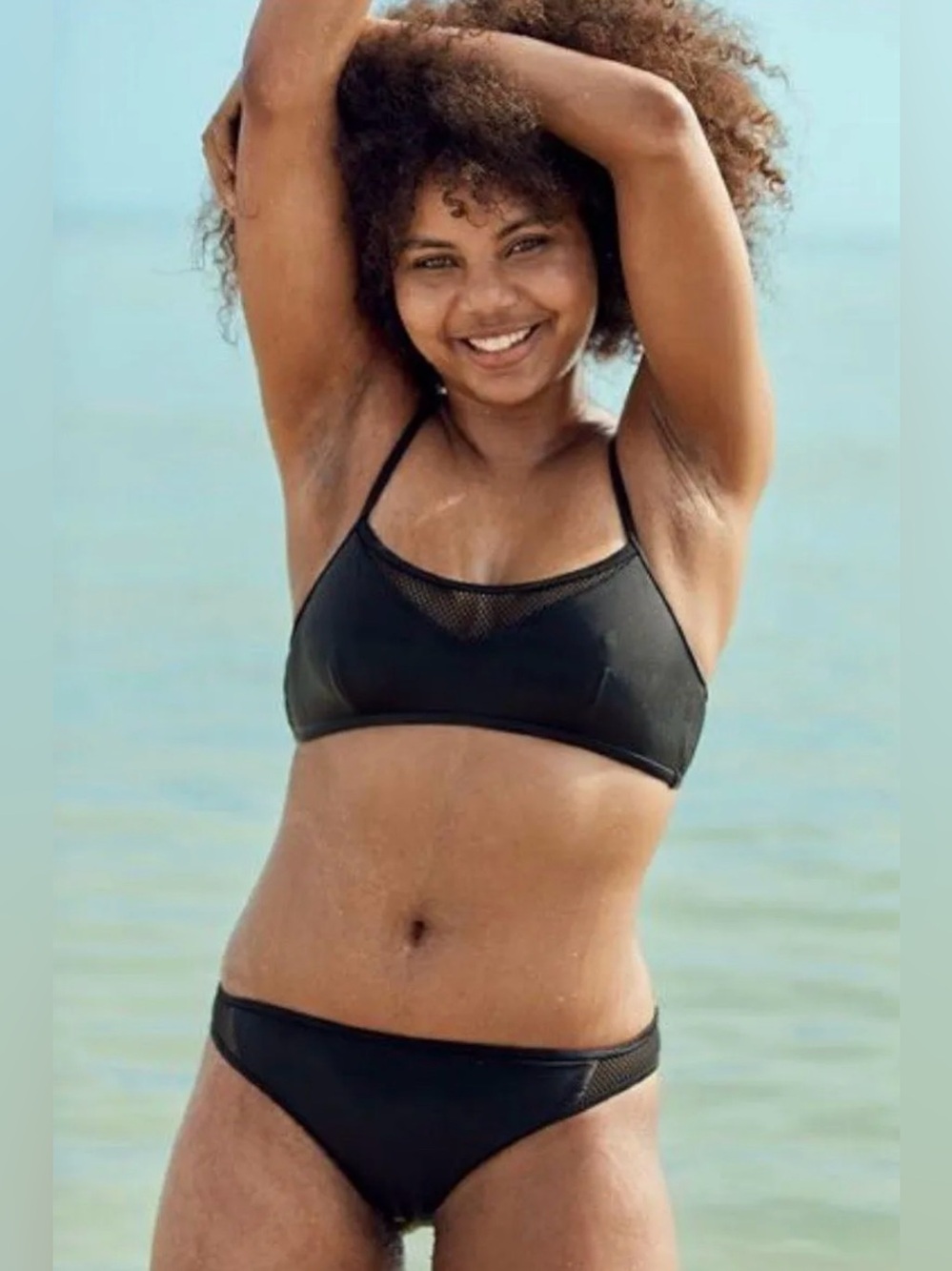 aerie Black Cheeky Bikini Bottoms with Mesh Accents